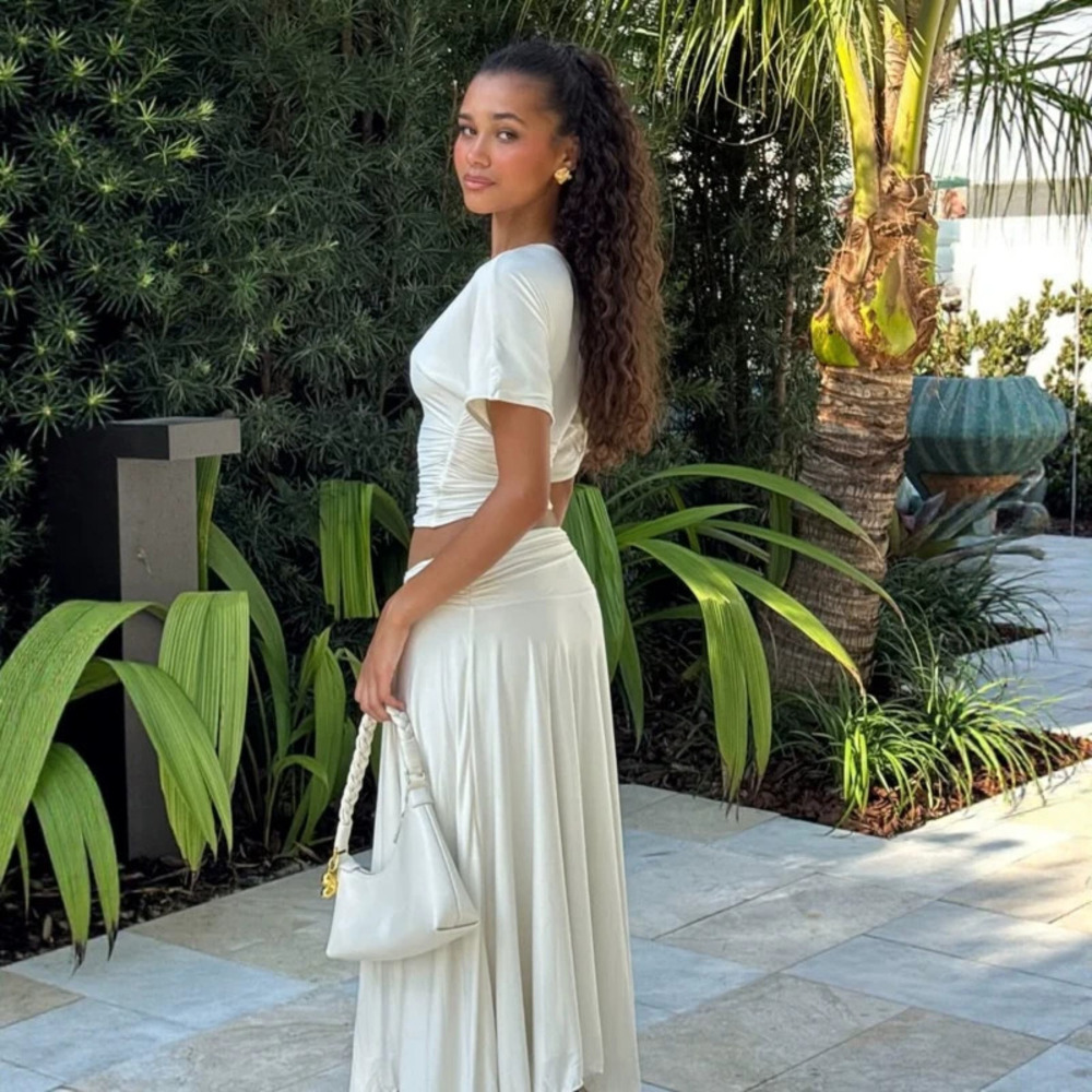 ZARA Summer Plain Asymmetric Neck Slim Top and Pleated Waist Skirt Set